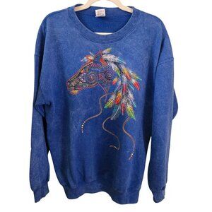 Vintage Unique Painted Colorful Horse Feather Graphic Unisex Sweatshirt Size L